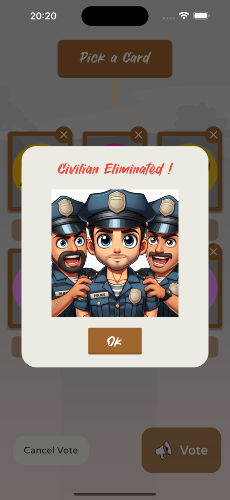 Who's Fake? - Find the Fake - A pop up window in the Who's Fake app showing a Civilian Eliminated message with cartoon police officers.