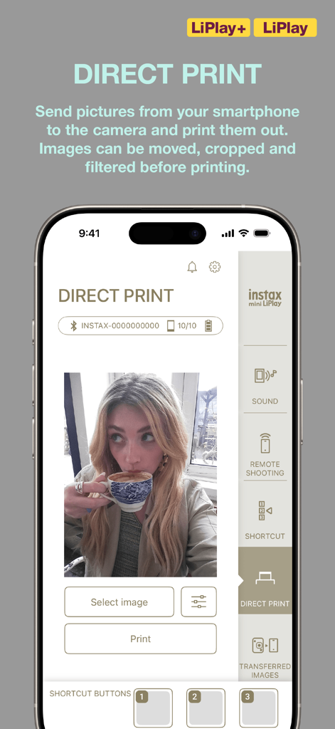 instax mini LiPlay - Direct Print interface of the instax mini LiPlay app with a lifestyle photo selection