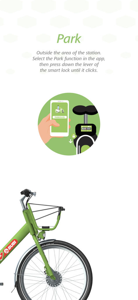 Captura de tela do aplicativo MOL Bubi mostrando instruções para estacionar uma bicicleta usando a trava inteligente