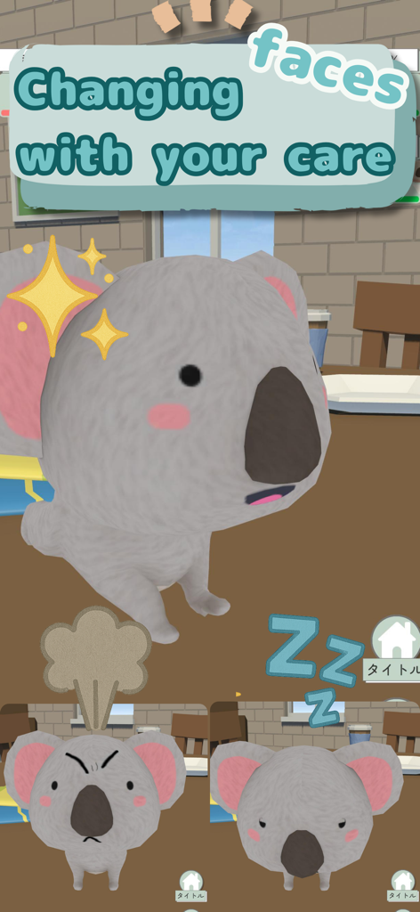 Chibi Koala: Kawaii Pet Game - Una linda mascota koala chibi gris mostrando varias expresiones faciales, incluyendo feliz, enfadado y dormido.