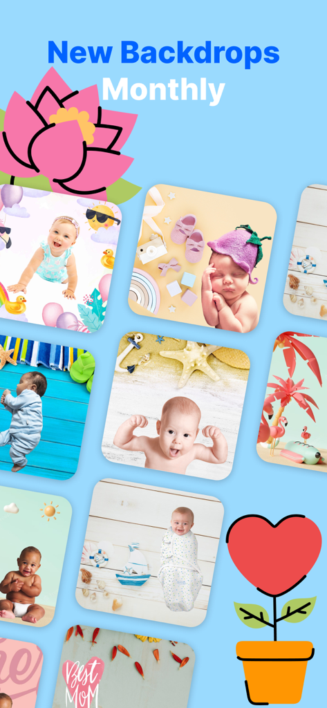 A collection of baby photos with diverse themed backgrounds including beach, nautical, and artistic designs showcased in the app.