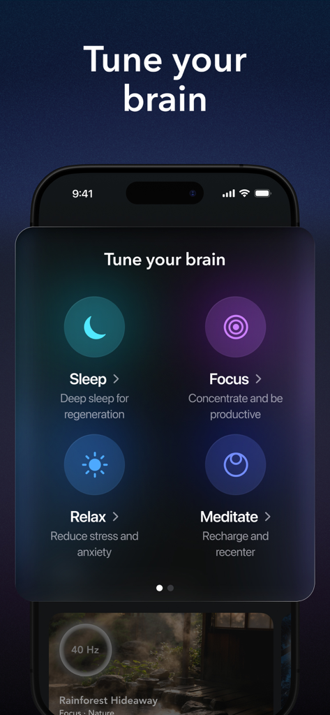 Moongate app interface showing audio categories for Sleep, Focus, Relax, and Meditate brain tuning.