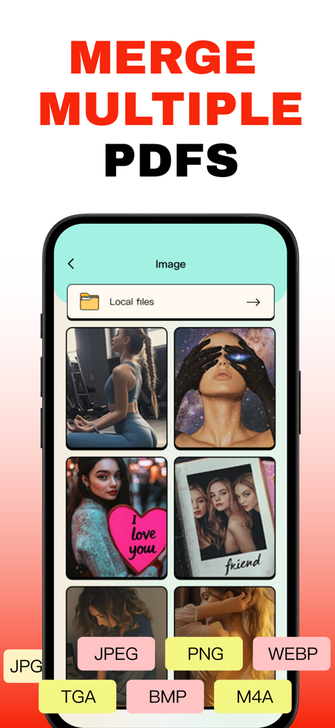 Schermata dell'app mobile che mostra l'opzione per unire più PDF e convertire immagini in vari formati come JPEG e PNG