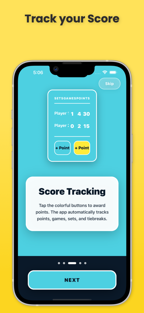 Tennis Score Keeper app screen showing real-time point tracking for two players