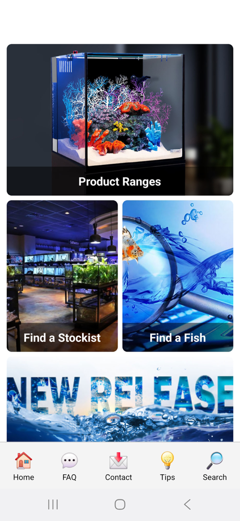 Aqua One - Aqua One app interface showing product ranges find a stockist and find a fish options