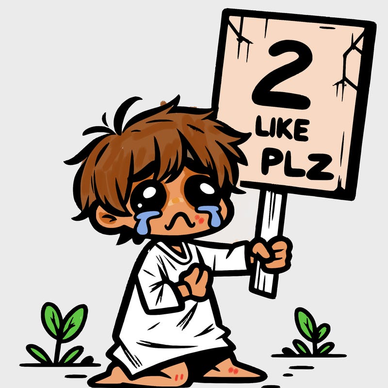 small poor toddler crying with sign that says 2 like plz