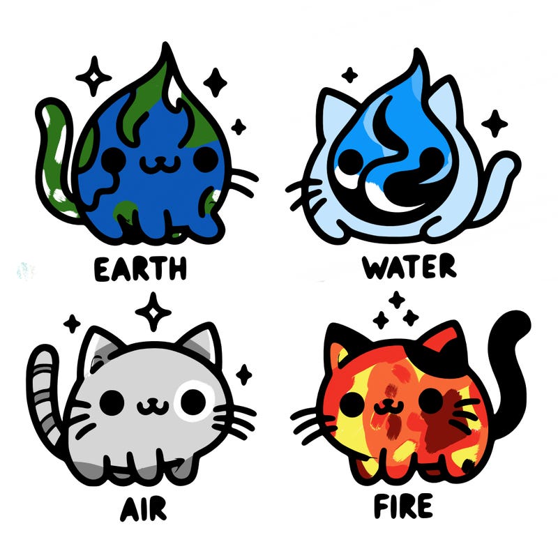 4 cats that represent the different elements, earth, water, air, and fire
