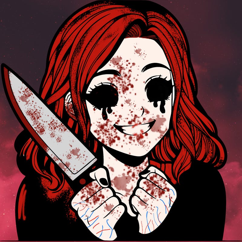 a realistic girl holding a knife and grinning