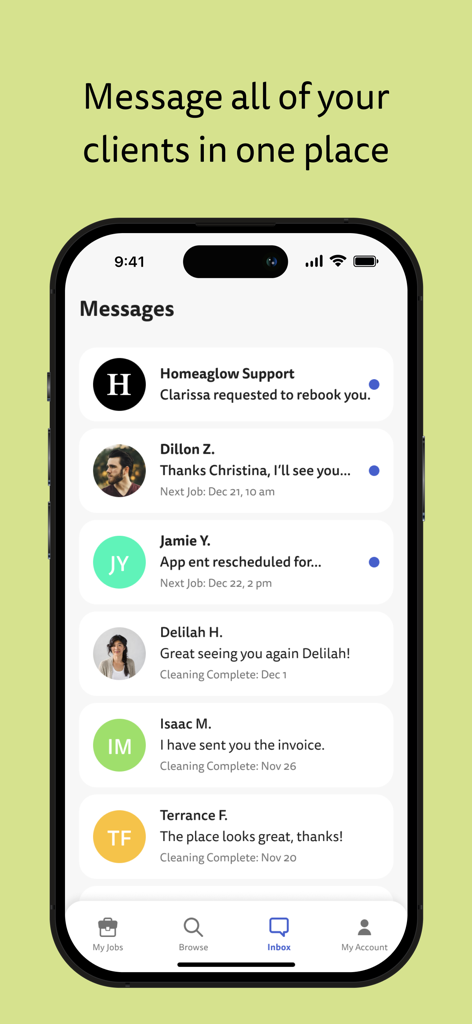 Homeaglow for Cleaners - Homeaglow for Cleaners app showing the client messaging inbox