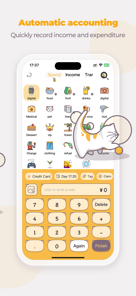 Interfaz de la aplicación Money Cats que muestra categorías de gastos y un teclado numérico con temática de gatos para registrar transacciones.