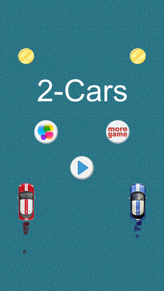 2-Cars - Start menu of the 2-Cars mobile arcade game featuring a red and blue car with a play button on a blue background