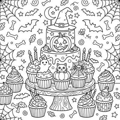 Dive into the Halloween spirit with this delightful coloring page featuring an array of spooky-sweet cakes and cupcakes. Perfect for adding your own vibrant hues to pumpkins, ghosts, and spiderwebs!