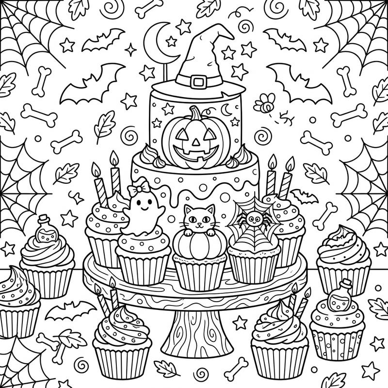 Dive into the Halloween spirit with this delightful coloring page featuring an array of spooky-sweet cakes and cupcakes. Perfect for adding your own vibrant hues to pumpkins, ghosts, and spiderwebs!