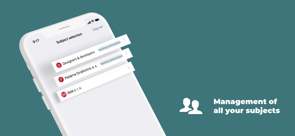 Mobile screen showing the management of multiple business subjects and account selection in the KB Mobilní banka Business app