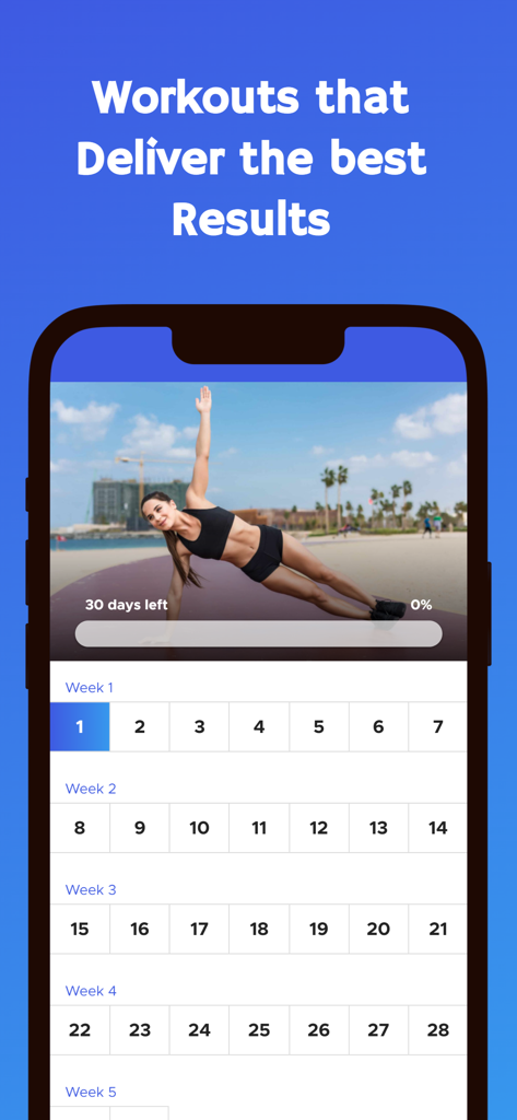Oberfläche der App „Die 30-Tage-Plank-Challenge“ mit einem monatlichen Trainingsplan und einer Frau in einer Seitenplanke
