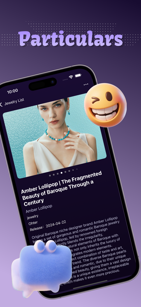 Live Chat，Content Share -Snivo - Snivo-App-Oberfläche, die Details für ein Schmuckstück im Barockstil anzeigt