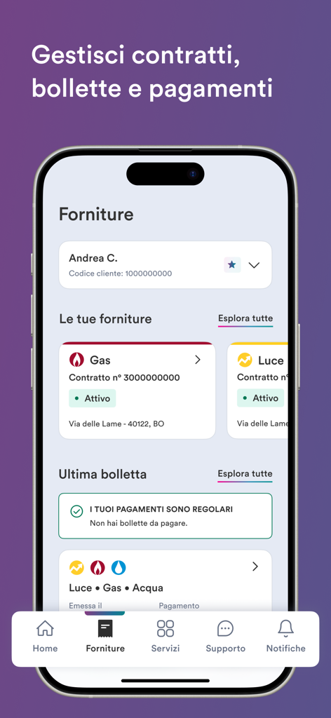 My Hera app interface showing utility supplies management for gas and electricity with bill payment status