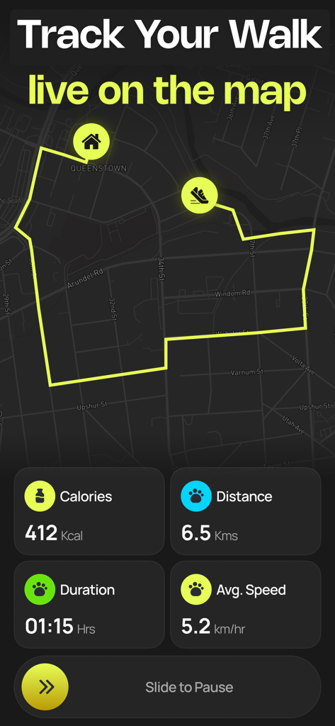 Fitness app interface displaying a walking route on a map with calories distance and duration data