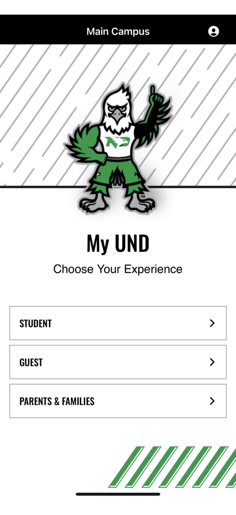 My UND - Welcome screen of the My UND app with user selection options for Students Guests and Parents