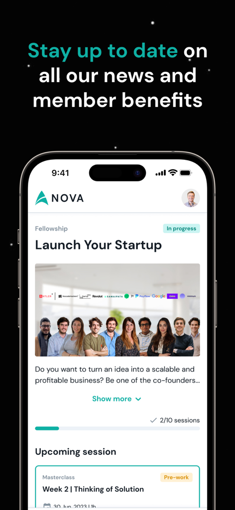 Nova Connect - Interface de l'application Nova Connect montrant la section actualités et avantages membres avec une annonce de bourse pour startups et les sessions à venir.