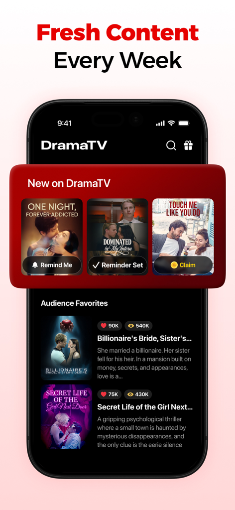 DramaTV app interface displaying new weekly short drama series and trending categories like audience favorites