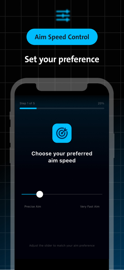 Sensitivity FFx Tool & ChatBot - Interface de aplicativo móvel mostrando configurações de controle de velocidade de mira com um controle deslizante que varia de mira precisa a mira muito rápida.