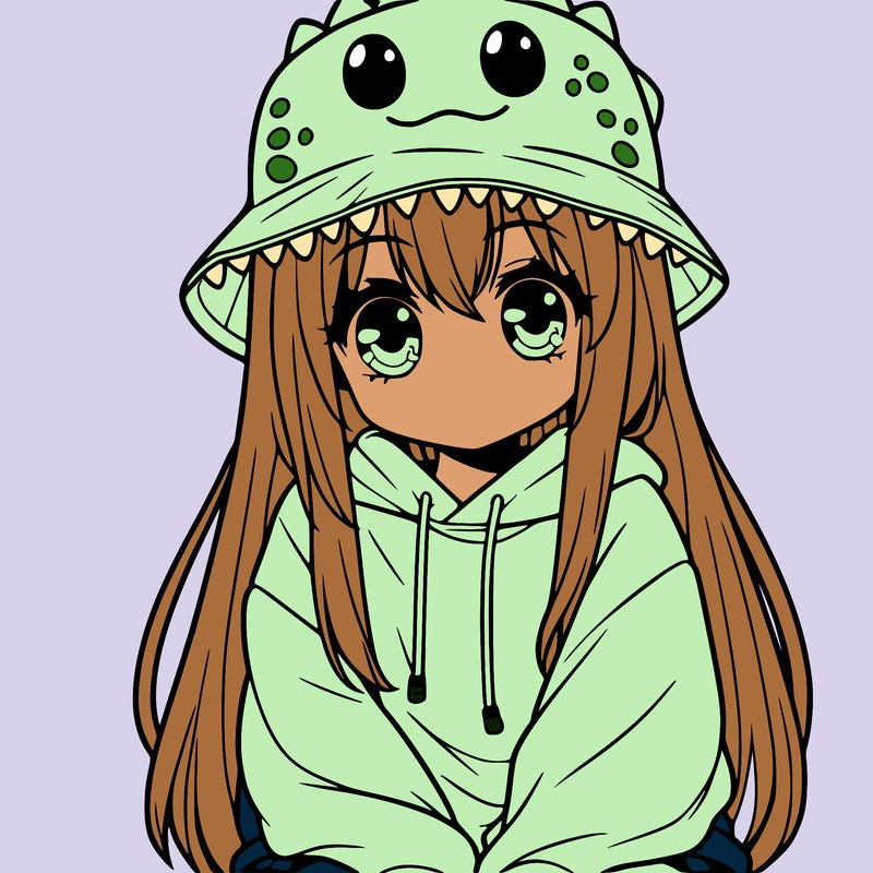 girl with anime shaped eyes with a dinosaur bucket hat oversized sweatshirt long straight hair