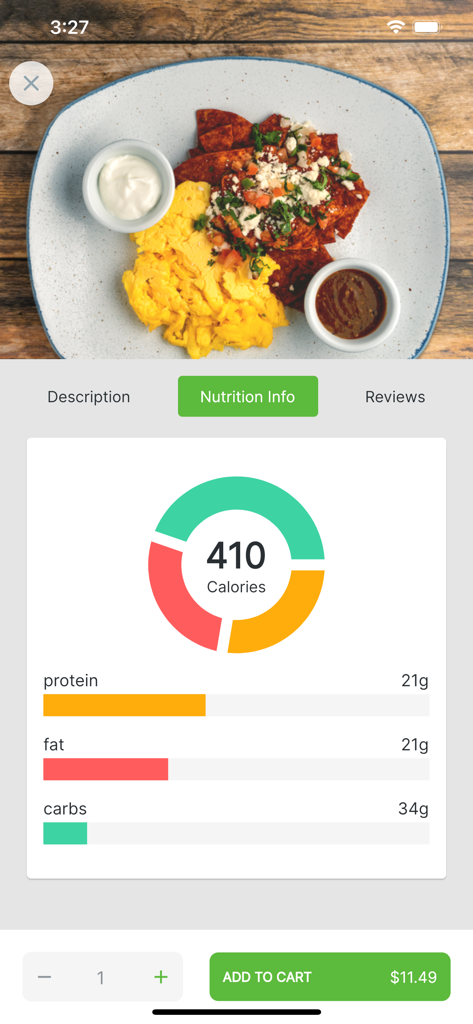 Aplicativo Max Fit Meals exibindo a análise de calorias e macros de uma refeição preparada