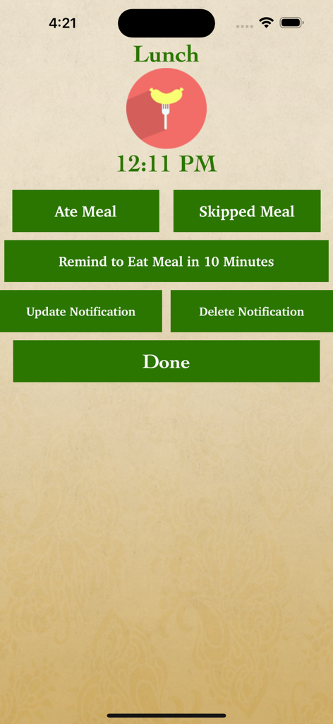 Gujarati Recipes Indian Food - Lunch meal tracking screen with options to log ate meal or skipped meal in the Gujarati Recipes app