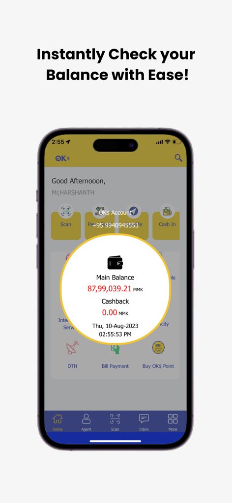 OK$ - Interfaccia dell'app mobile OK Dollar che mostra il saldo del conto e le icone dei servizi finanziari
