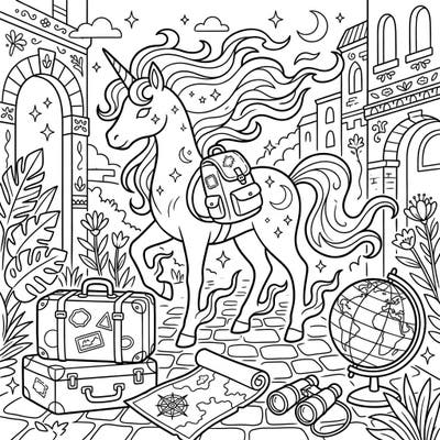 Embark on a fantastical journey with our Shadow Unicorn Vacation coloring page, featuring a majestic unicorn surrounded by travel essentials. This captivating design is perfect for those who love adventure and mystical creatures, offering a delightful escape into imagination.