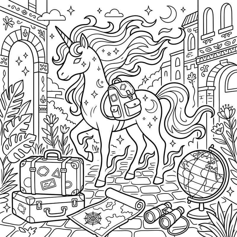 Embark on a fantastical journey with our Shadow Unicorn Vacation coloring page, featuring a majestic unicorn surrounded by travel essentials. This captivating design is perfect for those who love adventure and mystical creatures, offering a delightful escape into imagination.