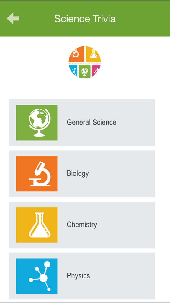 Science Trivia - Main menu of the Science Trivia app showing category options for General Science, Biology, Chemistry, and Physics.