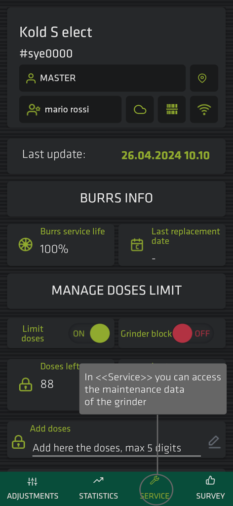 Mazzer app service screen for grinder maintenance and burr life tracking