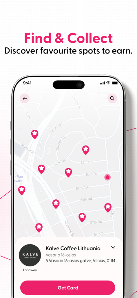 Magic Stamp app map showing pins for local independent businesses and a digital loyalty card for Kalve Coffee.
