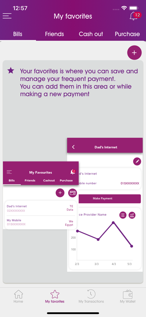 WE Pay EG - WE Pay EG mobile app interface displaying the favorites section for managing frequent payments like internet and mobile bills