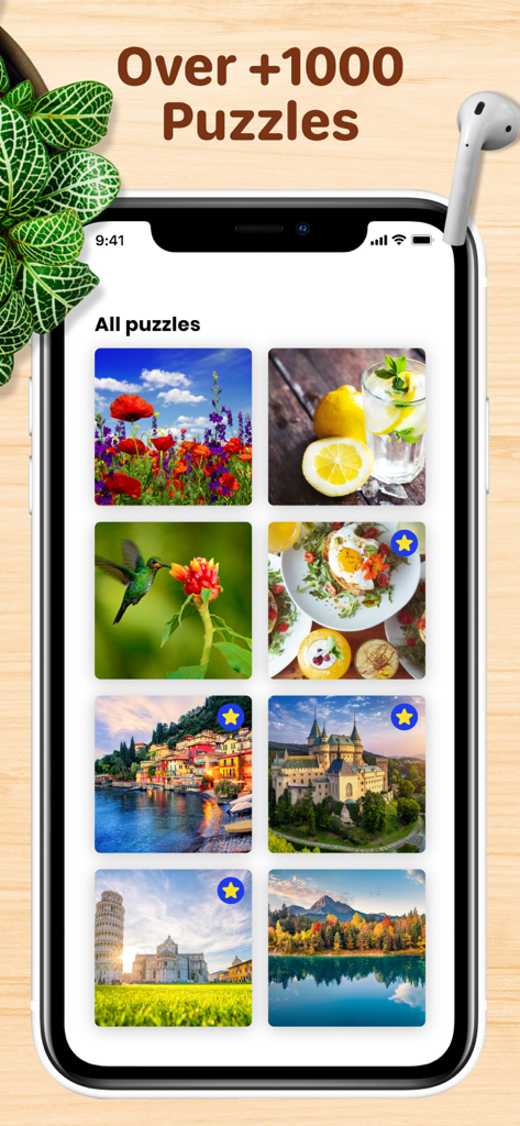 Jigsaw-Puzzle Pop app interface displaying a diverse collection of over 1000 puzzle categories including nature architecture and travel.