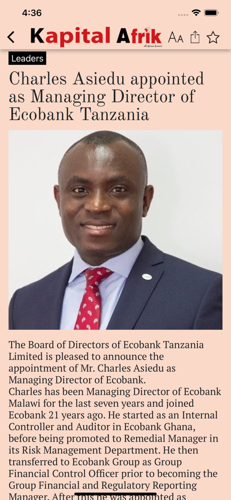 Financial Afrik - News article about Charles Asiedu appointment as Managing Director of Ecobank Tanzania in the Kapital Afrik app