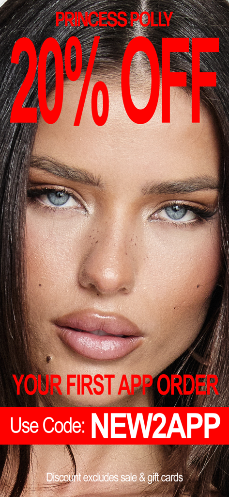 Close up of a model advertising twenty percent off your first Princess Polly app order with the code NEW2APP.