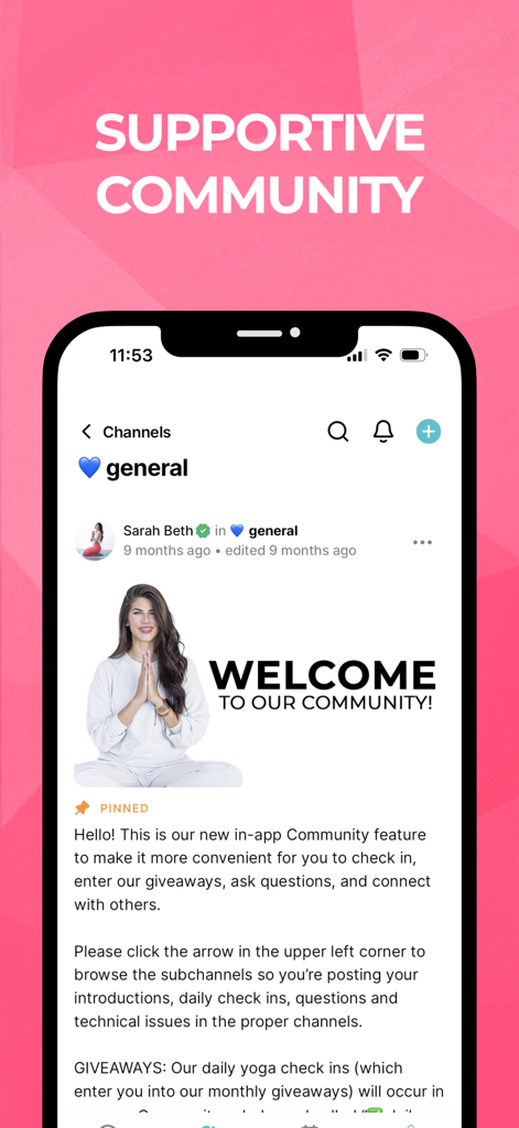 SarahBethYoga - SarahBethYoga app screenshot showing the supportive in-app community chat and welcome message
