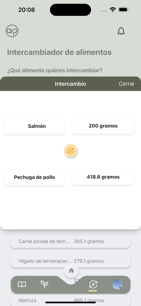 Ap nutricion inteligente - Captura de pantalla de la herramienta de intercambio de alimentos en la aplicación Ap nutricion inteligente que muestra una equivalencia entre 200 gramos de salmón y 418,6 gramos de pechuga de pollo