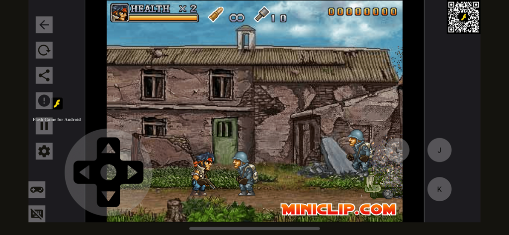 Un gioco Flash d'azione a scorrimento laterale giocato su un dispositivo mobile con controlli virtuali su schermo e marchio Miniclip