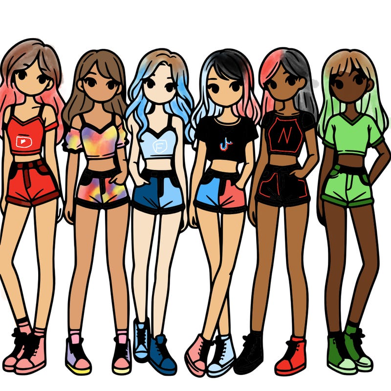 a group of girls wearing crop tops and shorts