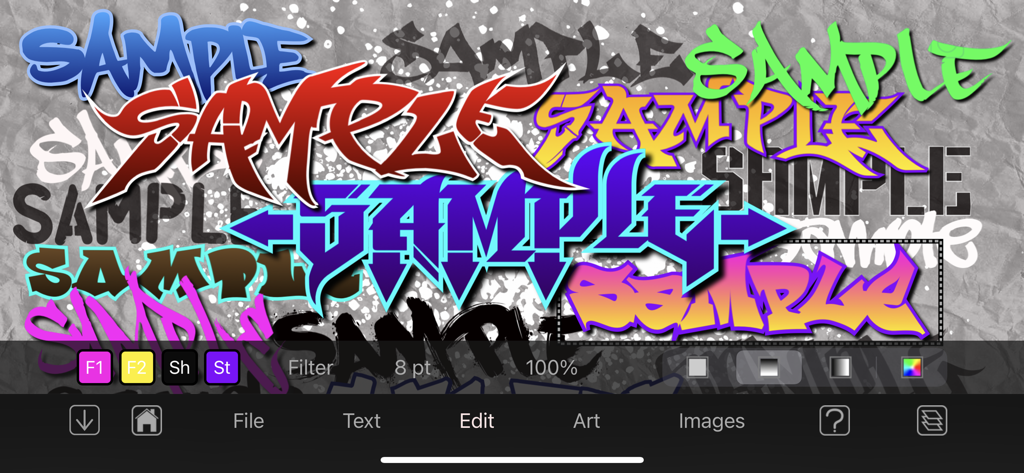 Graffiti Fonts - Graffwriter - Graffwriter mobile app interface with various graffiti font styles and editing tools