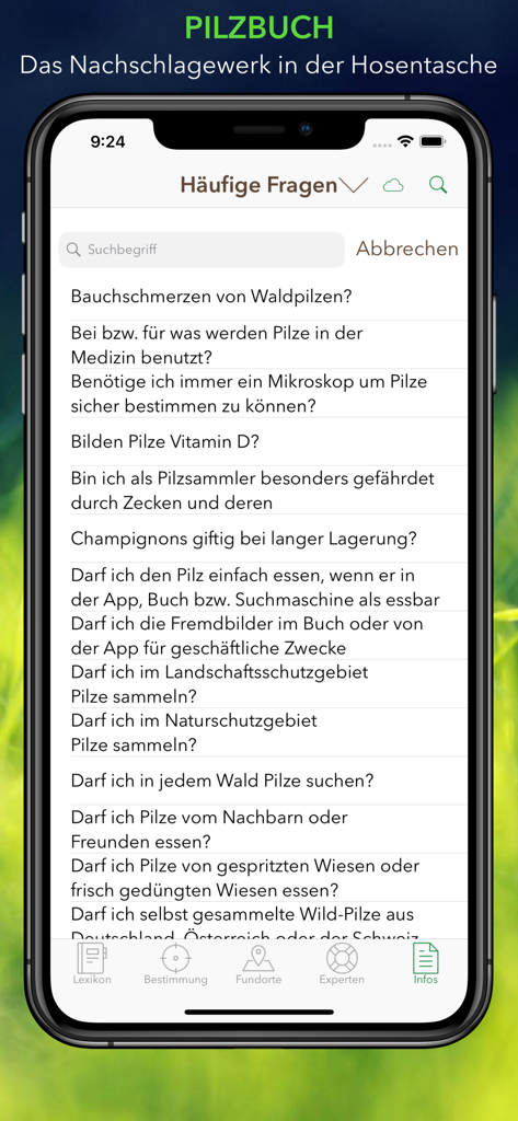 Screenshot of the frequently asked questions section in the Pilze 123 mushroom identification app