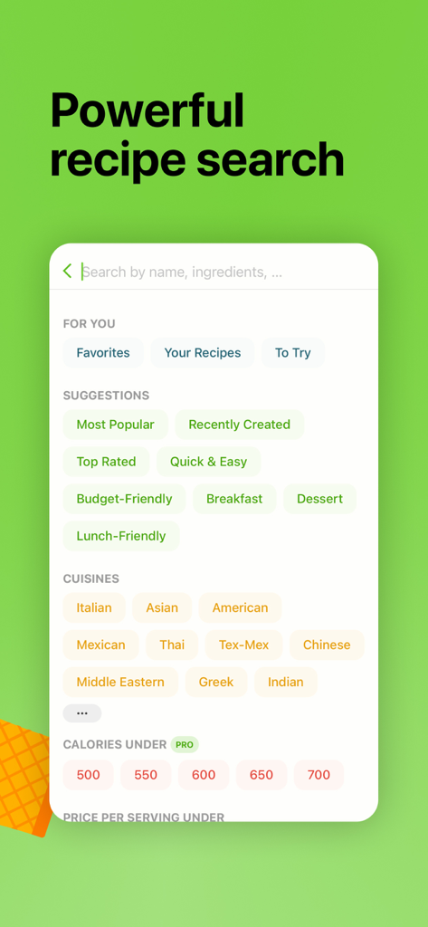 Mealime-Rezeptsuche mit Filtern für Küchenarten und Kalorien.