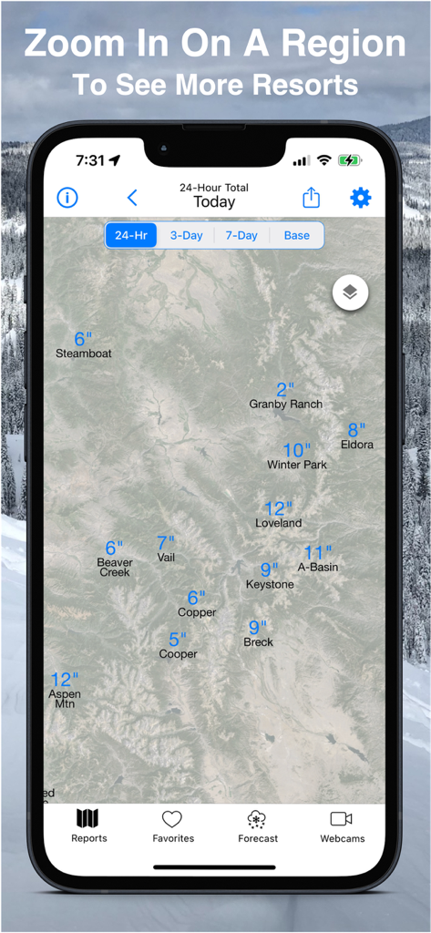 Colorado Snow Map & Webcams - Interface showing a map of Colorado ski resorts with 24-hour snowfall totals for different locations.