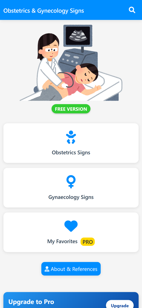 Gynecology & Obstetrics Signs - Pantalla de inicio de la aplicación Signos de Ginecología y Obstetricia que muestra categorías para signos clínicos y una ilustración de ultrasonido