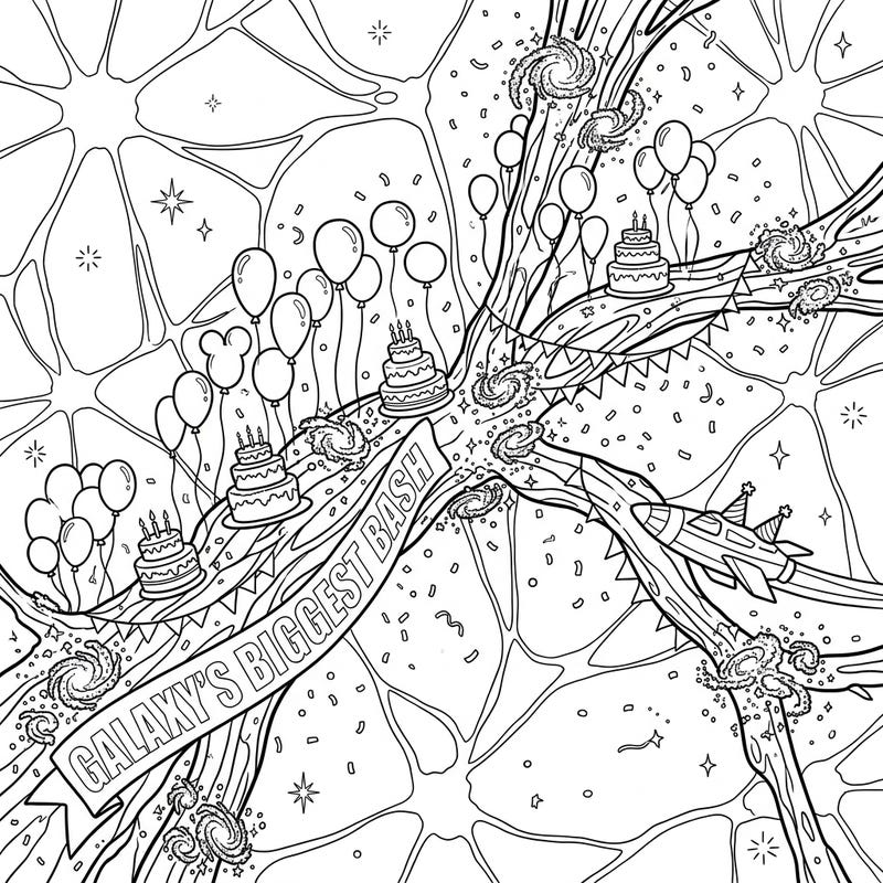 Embark on an intergalactic celebration with this unique coloring page! Explore the intricate world of galaxy filaments transformed into a vibrant birthday party scene, complete with cakes, balloons, and cosmic confetti.