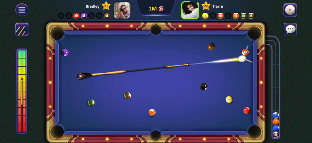 Sir Snooker: 8 Ball & 9 Ball - Top-down view of Sir Snooker gameplay showing a cue stick aiming a shot on a blue pool table in an online match.